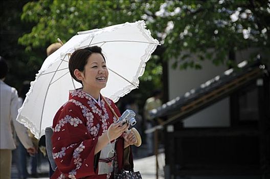 日本人,女人,穿,和服,伞,照相机,庙宇,京都,日本,亚洲