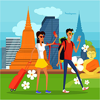 人,度假,泰国,手机,装置,情侣,行李,休息,相爱,拍照,高兴,旅游,旅途,矢量,插画,风格