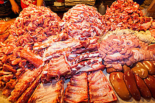 泰国,清迈,市场,屠夫,店面展示,猪肉