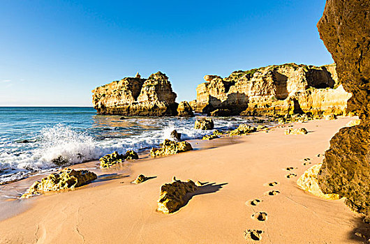 沙滩,脚印,阿尔布斐拉,阿尔加维,葡萄牙