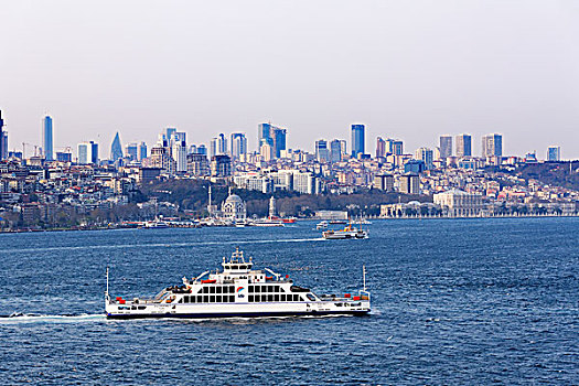 车辆渡船,博斯普鲁斯海峡,朵尔玛巴切皇宫,宫殿,伊斯坦布尔,欧洲,土耳其,亚洲