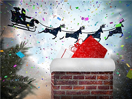 合成效果,图像,圣诞老人,飞,雪撬,后面,烟囱