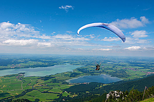 滑翔伞,山,风景,上方,湖,巴伐利亚,德国,欧洲