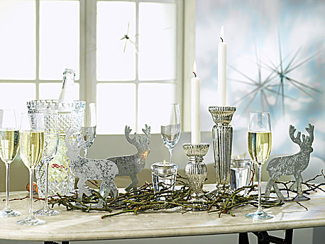 银,装饰,汽酒,圣诞气氛,桌子