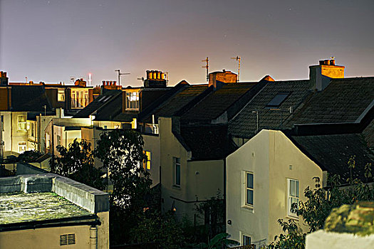 俯视图,排,联排房,屋顶,夜晚,布莱顿,东苏塞克斯,英格兰