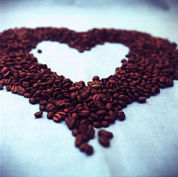 暗色,褐色,烤,咖啡,咖啡豆,形状,心形,蓝色,背景