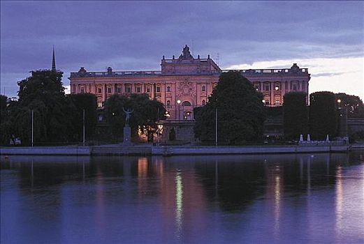 光亮,正面,瑞典,国会大厦,夜晚,斯德哥尔摩,斯堪的纳维亚,欧洲