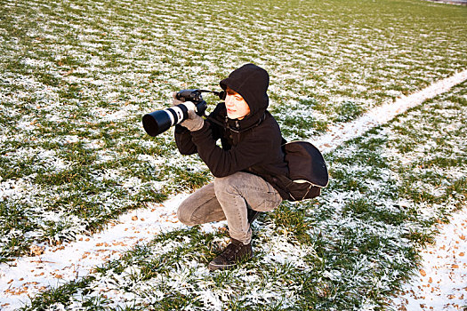 男孩,照相,英亩,雪,冬天,漂亮,亮光,建筑