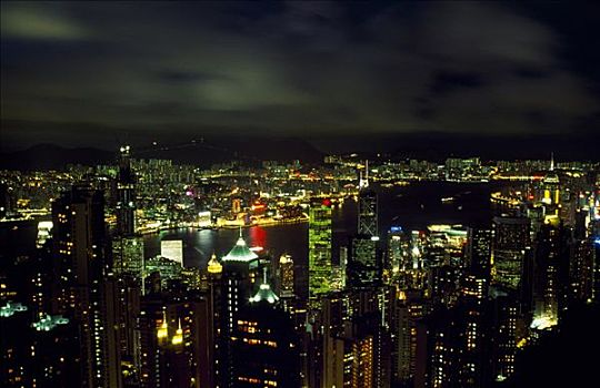 中国,香港,维多利亚湾,顶峰,庆贺,港口,动感,城市,摩天大楼