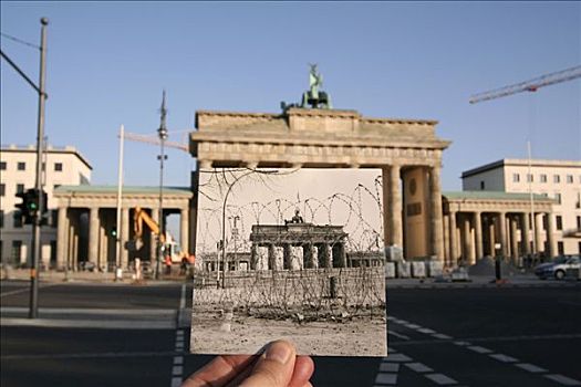 握着,老,黑白图片,勃兰登堡门,展示,柏林墙,刺铁丝网,盘绕,柏林,德国,欧洲