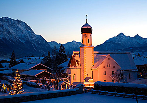 积雪,教堂,圣诞节,亮光,靠近,怀尔高,上巴伐利亚,巴伐利亚,德国,欧洲
