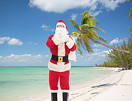 圣诞节,休假,旅行,人,概念,男人,服饰,圣诞老人,包,制作,安静,手势,上方,热带沙滩,背景