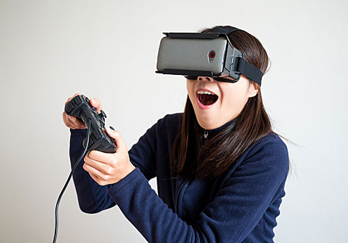 兴奋,女人,玩,电子游戏,游戏手柄,虚拟现实,眼镜