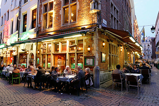 步行区,餐馆,黄昏,布鲁塞尔,区域,比利时,欧洲