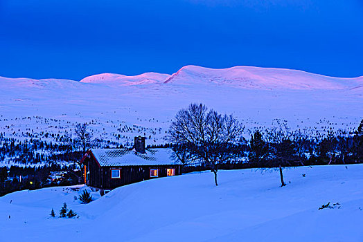 山,小屋,冬天,风景