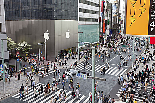 日本,东京,银座,区域,道路,行人,商店,苹果,网眼窗帘