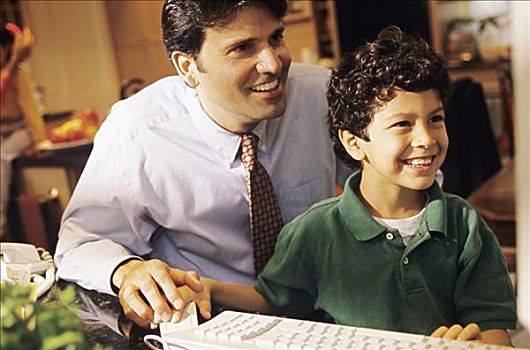 父亲,教育,儿子,使用,电脑