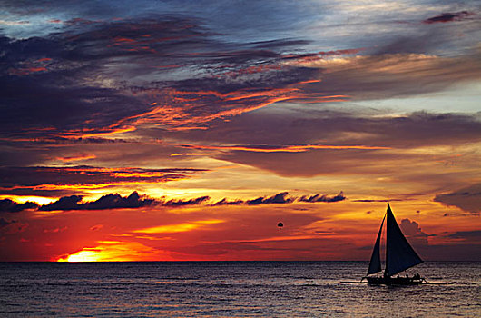 热带,日落,帆船,长滩岛,菲律宾