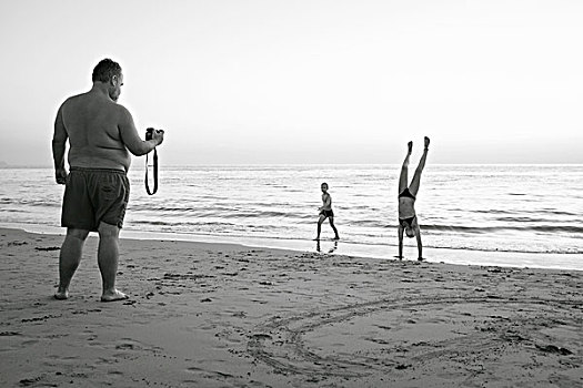 父亲,照相,孩子,海滩