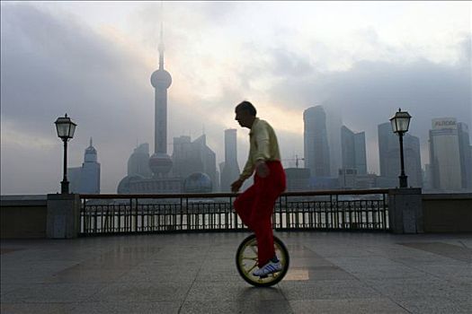 单轮车,骑乘,外滩,早晨,上海,中国,亚洲