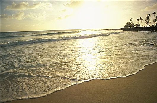 夏威夷,考艾岛,坡伊普,海滩,日落,金色,闪闪发光,海岸线,海洋,反射