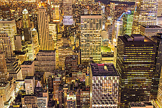 俯拍,中心,曼哈顿,纽约,美国,黄昏,光亮,摩天大楼