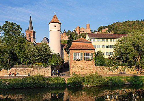 河,红色,塔,城镇,教堂,城堡,遗址,巴登符腾堡,德国,欧洲