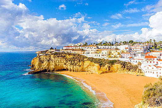 宽,沙滩,白色,建筑,阿尔加维,葡萄牙,欧洲
