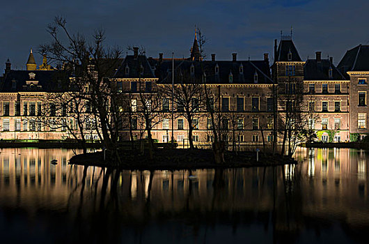 宾南霍夫国会大厦,光亮,夜晚,海牙,荷兰南部,荷兰