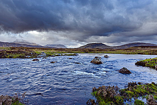 河,荒野,风景,暗色,乌云,山,背景,兰诺克沼泽,苏格兰,英国