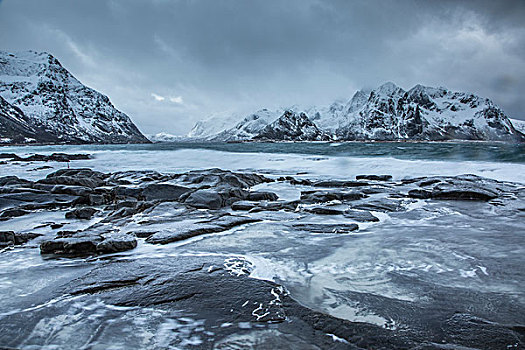 积雪,山,后面,寒冷,海洋,罗浮敦群岛,挪威