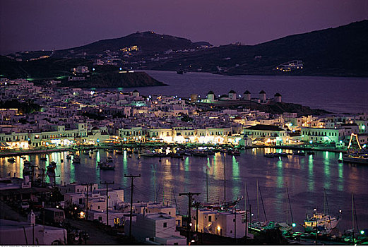 城市,夜晚,米克诺斯岛,希腊