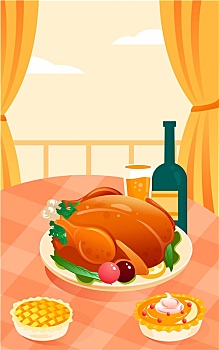 感恩节火鸡食材温暖晚餐美味菜肴聚餐插画