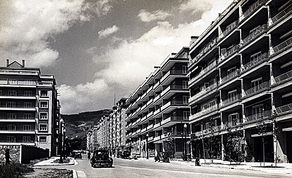 俯视,街道,巴塞罗那,新,住房,建筑,20世纪50年代