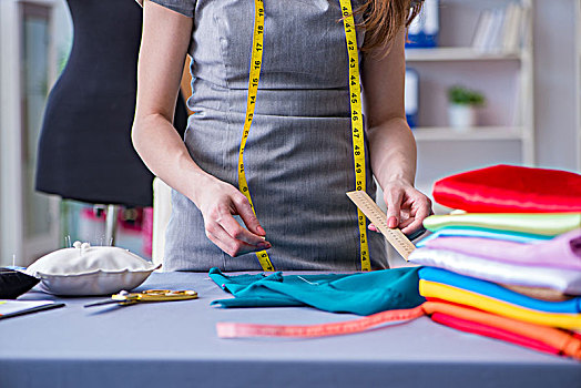 女人,裁缝,工作,衣服,缝纫,缝缀,测量,布