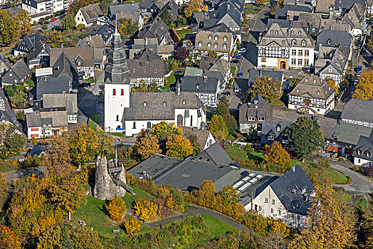 半木结构,乡村,城堡遗迹,教堂,金色,十月,藻厄兰,北莱茵威斯特伐利亚,德国