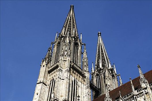 哥特式,塔,大教堂,蓝天,雷根斯堡,巴伐利亚,德国,欧洲