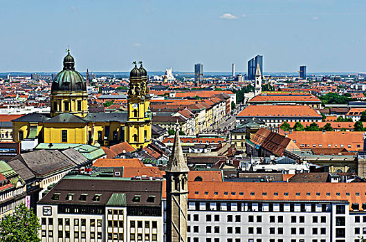 风景,上方,屋顶,慕尼黑,尖顶,教堂,特阿蒂那教堂,左边,上巴伐利亚,巴伐利亚,德国,欧洲