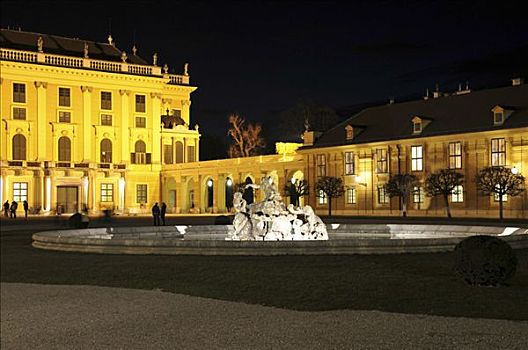 喷泉,正面,夜晚,维也纳,奥地利