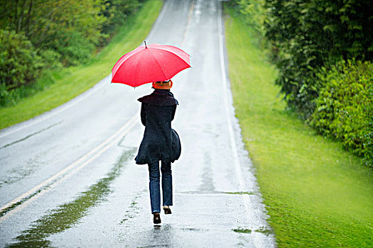 女人,空路,红色,伞