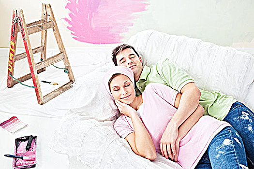 愉悦,伴侣,躺着,沙发,上油漆,新,房间