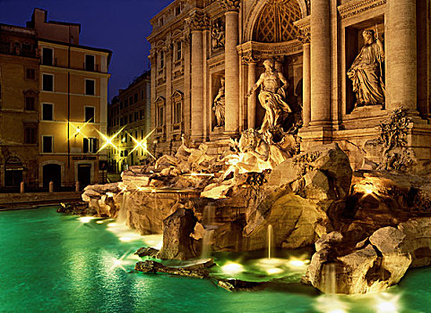 夜景,喷泉,罗马,拉齐奥,意大利,欧洲