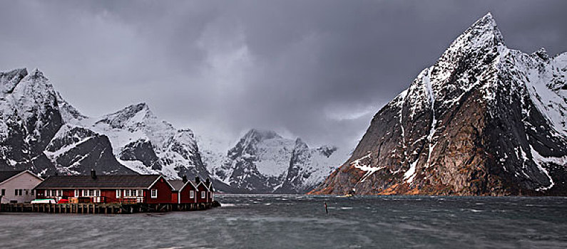 积雪,山脉,高处,渔村,罗浮敦群岛,挪威