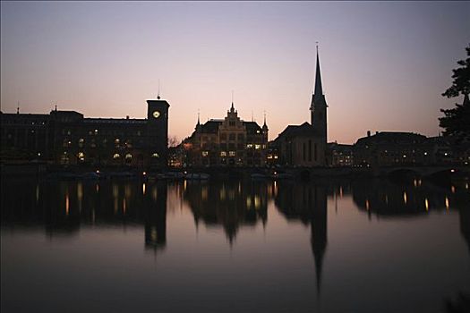黃昏,全景,大教堂,左边,林马特河,河岸,苏黎世,瑞士