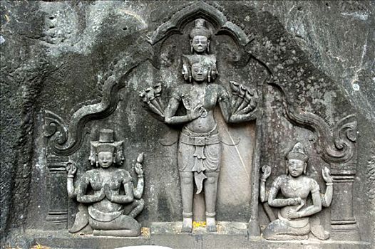 印度教,古老,石头,三个,神,湿婆神,毗湿奴,左边,右边,寺院,桶,省,老挝,东南亚