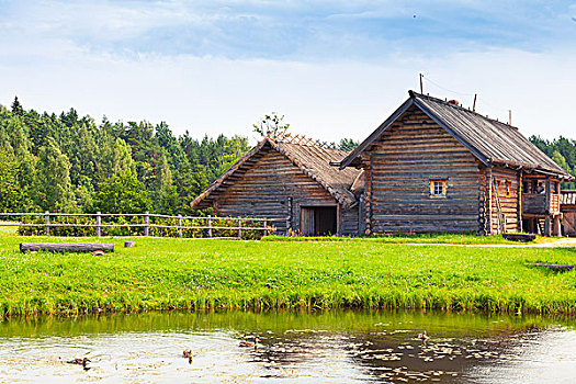 俄罗斯,木质,建筑,样板,老,乡村,房子,湖,海岸
