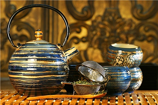蓝色,东方,茶壶,杯子