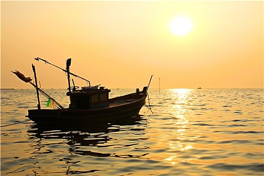 剪影,渔船,日落