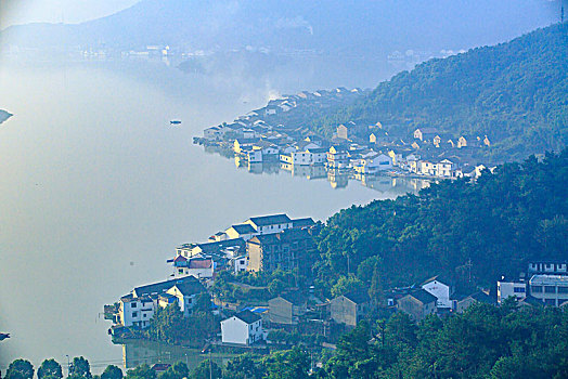 水岸,山水,长堤,渔村