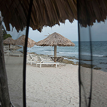 休闲椅,遮阳伞,海滩,乌托邦,乡村,岛屿,海湾群岛,洪都拉斯
